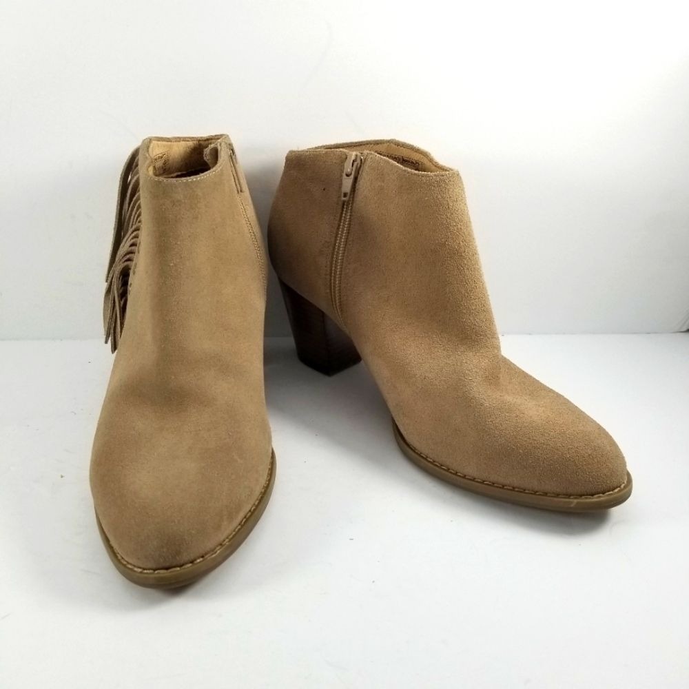 Vionic Faros Tan Suede Fringe Ankle Boots Studded Block Heel ‎ Size 9